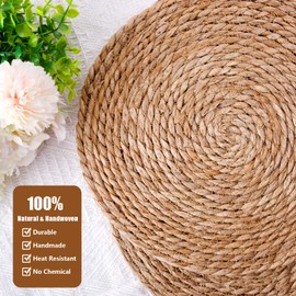 Round Woven Placemats 13.5 inch Set of 6, Boho Hand-Woven Rattan Natural Water Hyacinth Placemats, Farmhouse Weave Chargers, Heat Resistant Rustic Braided Wicker for Dining Table,Kitchen,Wedding,Home