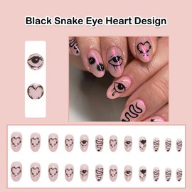 ANDGING Nude Press on Nails Almond Short Pink Fake Nails with Black Snake Eye Heart Design Gel Glue on Nails for Women Girls Acrylic False Nails with Glue Stick on Nails for Wedding Birthday 24Pcs
