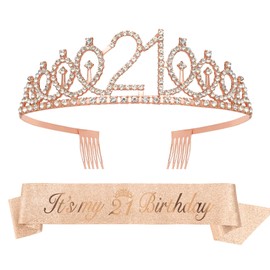 Birthday Sash for Women,21st Birthday Sash,21st Birthday Crown, Birthday Girl Sash,Birthday Tiara Rose Gold,Birthday Girl Headband,21st Birthday Gifts for Her Birthday Queen Sash,Birthday Decorations