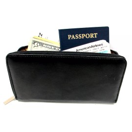 EL Pack Leather 100% Genuine Leather RFID Blocking Womens Wallet Zipper Around 8 Card Slot BLACK