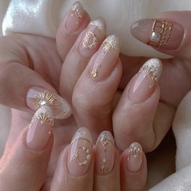 Gold 3D Pearl Press on Nails Medium Almond Cat Eyes French Tip Nails Press Ons Gold Moon Star Fake Nails with Designs Cute False Nails Summer Stick on Nails Medium Glue on Nails for Women 24Pcs