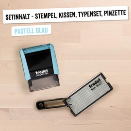 Trodat Printy 4911 Stamp Set in Pastel Blue to Set Yourself - 3 Lines of Text, Imprint 38 x 14 mm, German, Includes Tweezers, Ink Pad Black & Letter and Number Set in One Size