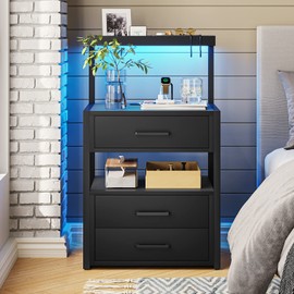 Nightstand with Charging Station and LED Lights, LED Night Stand with 2 USB Ports and 2 AC Outlets, Modern End Table with 3 Drawers, Bedside Table with Open Storage for Bedroom, Black