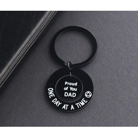 Meibai Sobriety Gift for Men Women One Day At a Time Keychain Proud of You Dad Mom NA AA Addiction Recovery Gifts (Proud of You Dad-Black)