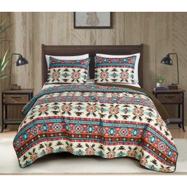 Chezmoi Collection Sanse 3-Piece Southwestern Geometric Motif Quilt Set - Multicolor Red Brown Blue Cream Printed Microfiber Lightweight Quilted Bedspread Set, Full (90" x 95")
