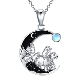 Flpruy Mama Bear with 5 Cub Necklace 925 Sterling Silver Black Crescent Moon Pendant Polar Bear Mom Necklace from Daughter Son Mother's Day Jewelry Gifts for Women