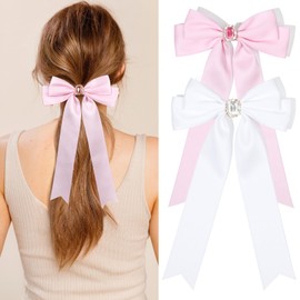 2PCS Hair Bows for Women Hair Clip Pink White Hair Ribbon Rhinestone Hair Accessories Glitter Bowknot Long Hair Barrettes for Women Girls Toddlers Teens Kids