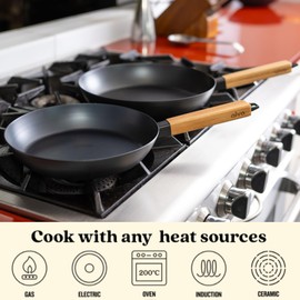 Alva Forest Nonstick Carbon Steel Frying Pan Skillet - PFAS Free, Nontoxic, Pre-Seasoned, Induction Cookware with Stay Cool Heat Resistant Acacia Wood Handle - for Searing, Cooking, Omelet - 11 inch