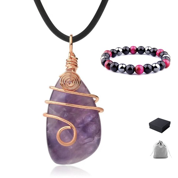 Natural amethyst Crystal Healing Necklace Copper Wire Wrapped Gemstone Healing Chakra Necklace Choker Aids in Stress Relief, Relaxation, Inner Peace,Brings Emotional Healing.+8mm Triple Protection Hematite Therapy Bracele
