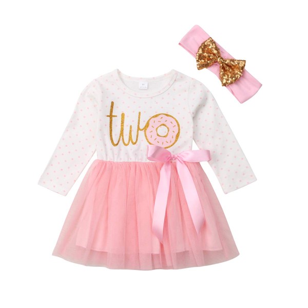 Newborn Baby Girls Pink Striped Tutu Dress First Birthday Skirt Outfits Casual Donut Print Girls Clothes Headband 2Pcs Set (Two Long-Sleeve, 2-3T)
