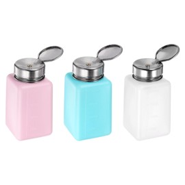HARFINGTON 3PCS 200ML(6.8oz) Push Down Alcohol Dispenser Pump Liquid Press Empty Bottles Refillable Container for Acetone Cleanser Nail Polish Remover, 3 Colors