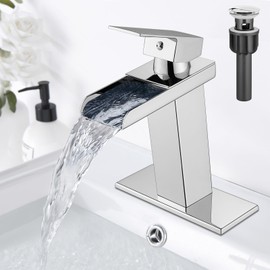 Midanya Waterfall Bathroom Faucet,Single Handle Lavatory Vanity Sink Faucets 1 or 3 Hole 4 Inch Open Spout Bathroom Sink Faucet Modern Bath Mixer Tap with Pop Up Drain and Water Hose,Brushed Nickel