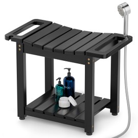 BLUEWEST Shower Bench Seat with Storage Shelf, Natural Wood Shower Benches for Inside Shower to Sit on, Waterproof Bathroom Spa Bench Stool for Legs Shaving with Built-in Handle & Shower Head Holder