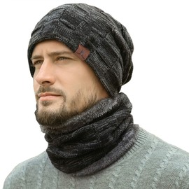 Mens Winter Beanie Hats Scarf Set Warm Knit Skull Caps Neck Warmer with Fleece Lined Gifts for Men Women