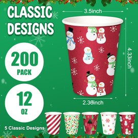 200 Pieces 12 oz Christmas Paper Cups with Lids, Disposable Coffee Cups for Cold Beverage Hot Drinking,Snowflake Tree Stripes Holly Berry Snowman Pattern Cup for Christmas Decorations