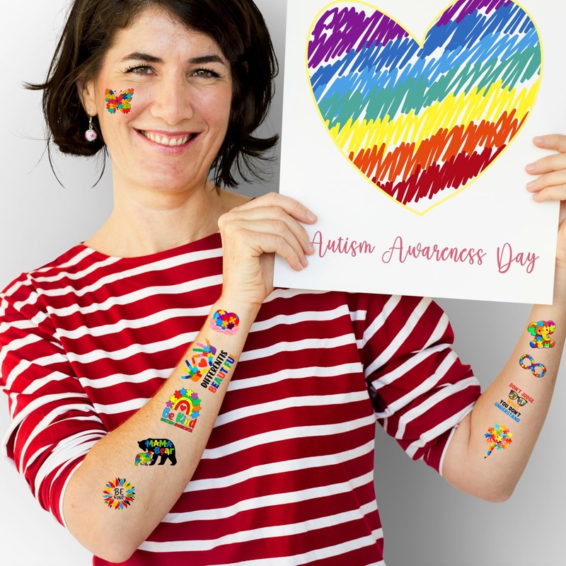 20 Sheets 172 Pcs World Autism Awareness Ribbon Temporary Tattoos