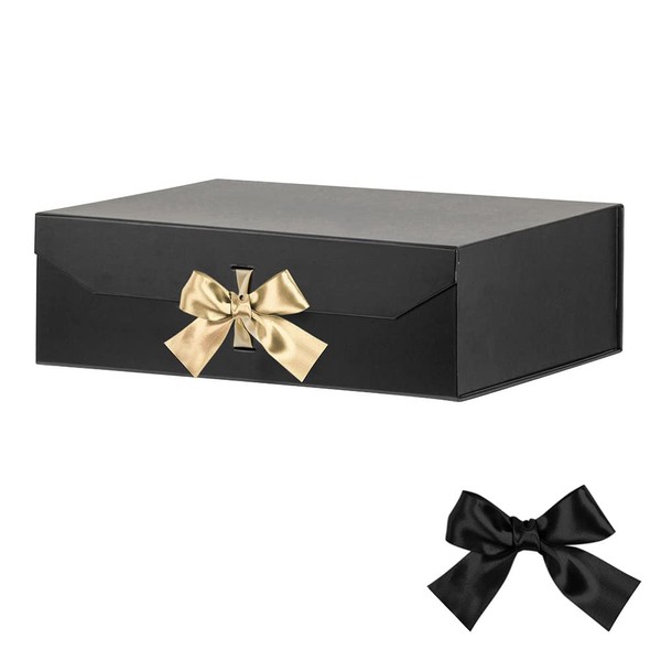 Black Extra Large Gift Boxes with Ribbon 16x14x5.3 Inches Gift Boxes with Lid Magnetic Closure, Groomsman Proposal Boxes, Rectangle Collapsible Boxes for Large Gifts (Matte Black)
