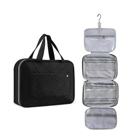 Travel Toiletry Bag for Women, Waterproof Cosmetic Travel Organizer, 4 Compartments, Hanging Makeup Cosmetic Bag for Accessories, Full-Sized Shampoo, Conditioner, Travel Size Toiletries (Black)