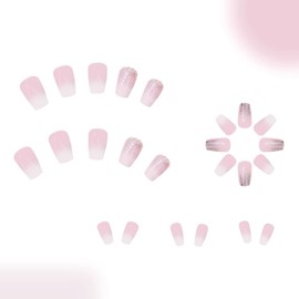 Coffin Press on Nails Short Fake Nails with Glitter Sequins Design Glue on Nails Press ons White Gradient Light Purple False Nails Glossy Artificial Stick on Nails for Women 24Pcs