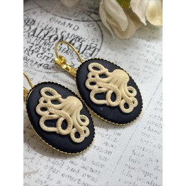 FANCY FOX BOUTIQUE Bright Gold Octopus Kraken Viking Birthday gift Gothic Earrings Cameo Festival