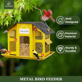 Kingsyard Wild Bird Feeder with Weatherproof Roof & Seed Tray, All Metal, Bird Seed Feeder Hanging for Garden Yard Outside Decoration, 4 lbs Large Capacity, Yellow