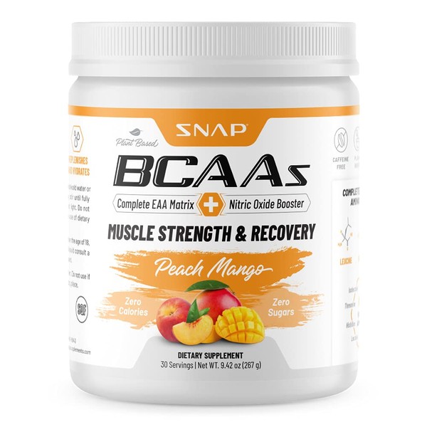 Snap BCAA Powder Essential Amino Supplement with Nitric Oxide Booster - Pre Workout Powder, Recovery Supplements Post Workout, Muscle Strength, BCAA for Women & Men (30 Servings) (Peach Mango)