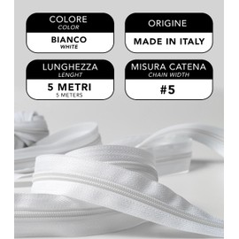 IPEA Cerniera Lampo Bianca Continua lunga 5 Metri + 15 Cursori in Metallo, Catena misura 5, Made in Italy, Cerniere in Nylon, Zip, Tagliabile per Cucito al Metro, Larghezza 30 mm, Bianco