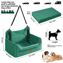 Dog Car Seat for Large/Medium Dogs - Memory Foam Dog Booster Seat for Under 55Lbs or 2 Small Dogs-Detachable and Washable Travel Bed with Thick Cushion and Storage Pockets-Green