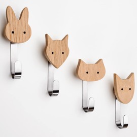 Danaven Original Children's Wooden Coat Hook in Animal Shapes, Wall Hooks, Coat Hooks for Children's Room, Animals, Dog, Cat, Fox, Rabbit, Decoration (Oak with 4 Metal Hooks)