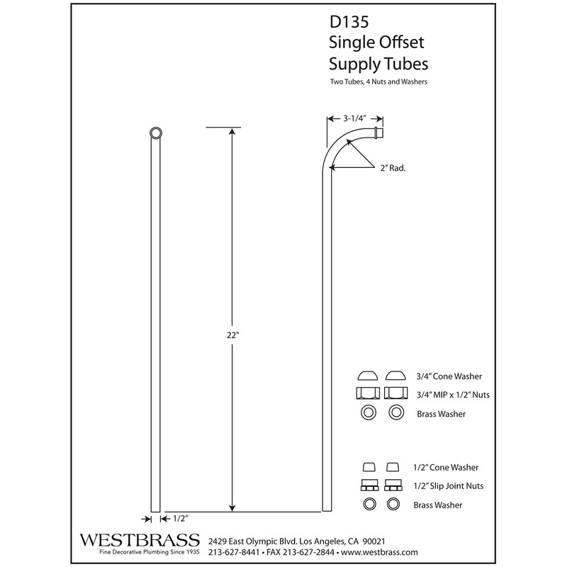 Westbrass 1/2" x 22" Single Offset Bath Supply Lines, Polished