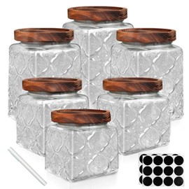 PEDOBALI 6 Pcs Vintage Glass Food Storage Containers with Lid 17, 24 and 34 Oz Square Begonia Pattern Airtight Candy Jar for Kitchen Beans Food Pantry Canisters