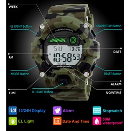 BHGWR Kids Digital Watches, Boys Sports Watch with Alarm/Timer/Shock Resistant, Teenagers Childrens 5 Bars Waterproof Electronic Wrist Watch for Boys Camouflage