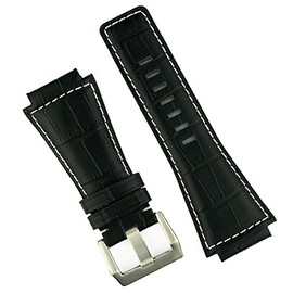 B & R Bands Bell & Ross BR01 BR03 Black Gator White Stitch Leather Watch Band Strap - Medium Length