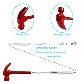 Hammer Brass Hammer with Screwdriver, 6 in 1 Small Hammer, Multitool Camping Hammer Set with Slotted/Flat Head Phillips Screwdriver Hammers Hand Tools（RED）