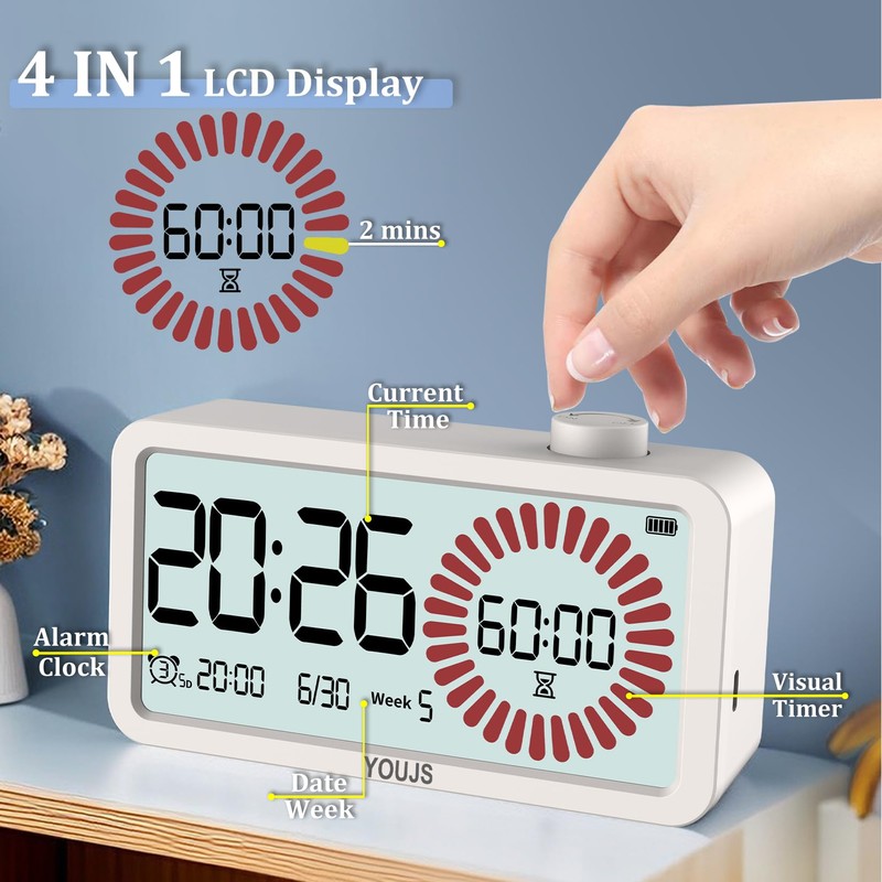 Visual Timer 4-in-1 Alarm Clock,for Heavy Sleepers Student Kids