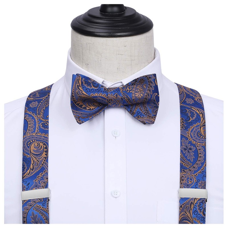 Hisdern Men's Braces, Wide Bow Tie and Pocket Handkerchief Set,