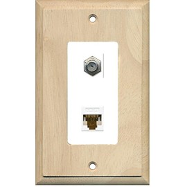 RiteAV - 1 Coax Cable TV F and 1 Cat6 Ethernet Wall Plate Decorative - Wood & White - Bracket Included