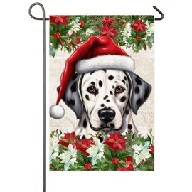 Christmas Dalmatian Dog Garden Flag for Outside 12x18 Inch Double Sided Poinsettia Santa Hat Dog Small Burlap Yard Flags Outdoor Home Farmhouse Front Porch Decor Seasonal Holiday Yard Sign