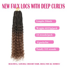 New Faux Locs Crochet Hair 24 Inch 8 Packs Soft Locs Long Deep Waves Goddess Ombre Prelooped Synthetic Dreadlock Extensions (24inch, 1B30)