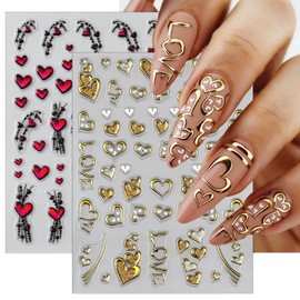 Valentines Red Gold Heart Nail Art Stickers Decals Valentine 3D Self-Adhesive Red Gold Heart Nail Design Stickers Valentines Hearts Nails Decals for Women DIY Manicure Love Nails Decoration Supplies