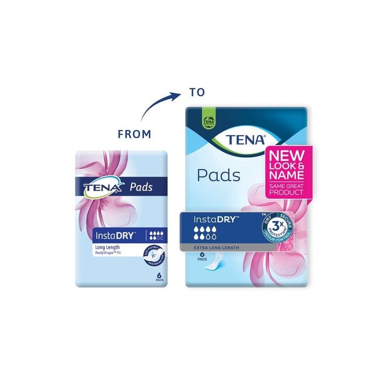 TENA Pads InstaDRY Extra Long Length, Pack of 6