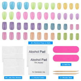 Almond Press on Nails Short Oval Fake Nails Glossy False Nails with Cute Multi-Color Rainbow Acrylic Nails Press on Artificial False Nails Stick on Nails for Women