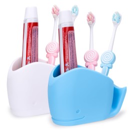2Pcs Cute Kids Whale Toothbrush Holder for Bathrooms, Toddler Fun Ocean Animal Toothbrush Holder Blue and White, Silicone Toothbrush Holder Organizer, Whale Bathroom Décor