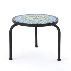Christopher Knight Home Iris Outdoor Ceramic Tile Side Table with Iron Frame, Blue / Green