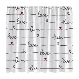 KDYDK Valentine's Day Shower Curtain Red Love Heart Sweet Lovers Romantic Couple Creative Modern Black White Fabric Bathroom Decor Curtains with Hooks