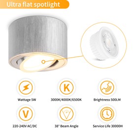GeyouLux LED Surface-Mounted Spotlight, Dimmable, Extra Flat & 30° Swivel, Diameter 80 x 50 mm, Brushed Aluminium, Includes 5 W 500 LM LED Module 230 V - 3000 K/4000 K/6500 K, Surface-Mounted