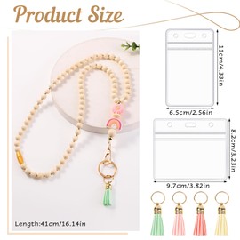 BESARME Teacher Lanyard with ID Holder Cute Wooden Beaded Lanyards for ID Card Badges Holder Boho Tassel Key Ring for Women（Rainbow）