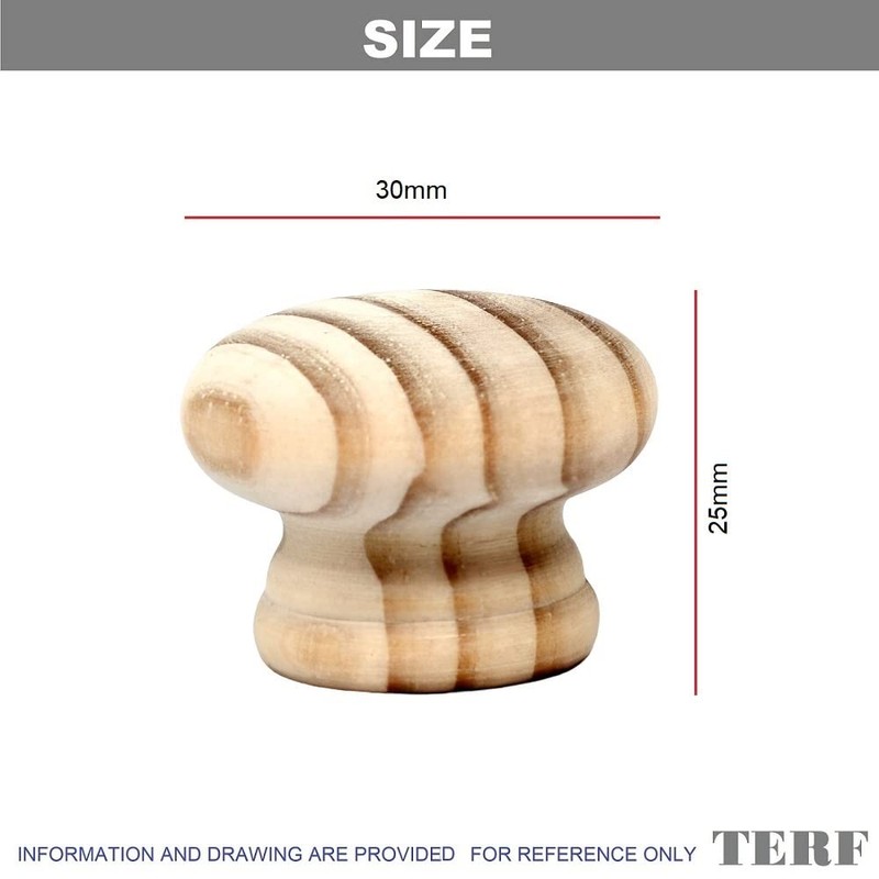 TERF® Traditional Unlacquered Pine Wooden Cupboard Cabinet Door Knob 30mm