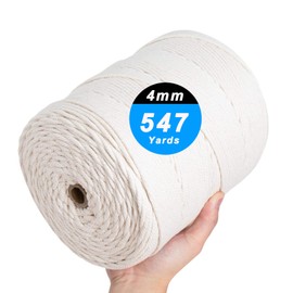 Macrame Cord 4mm x 547Yards, Natural Cotton Macrame Rope - 4 Strands Twisted Macrame Cotton Cord for Wall Hanging, Plant Hangers, Crafts, Gift Wrapping and Wedding Decorations（4mmX500m） (4mm X 547yd)