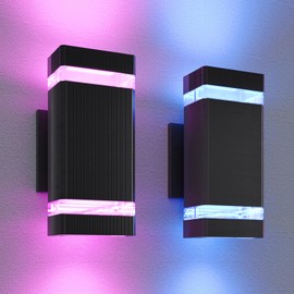 WISELUME Up and Down Outdoor Wall Light, RGB Color Changing wall Lights,App&Voice Control, ETL Listed, Black Square Design, House wall Sconce 6500K, Outdoor Exterior Lights for Porch, Garage